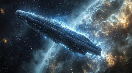 giant alien monolith floating in space emitting plasma waves, futuristic spaceship nearby, deep starfield background, cinematic sci-fi style