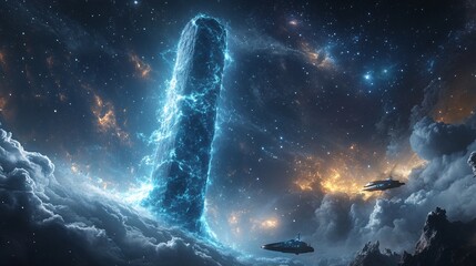 giant alien monolith floating in space emitting plasma waves, futuristic spaceship nearby, deep starfield background, cinematic sci-fi style