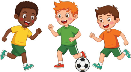 Three happy boys running and playing soccer together, diverse children enjoying outdoor sports, teamwork, energy, and fun activity with ball © Shahariar's World