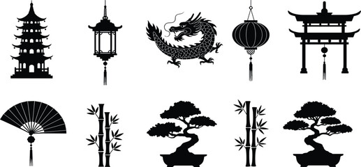 Asian culture silhouettes, dragon, bonsai, bamboo, lantern, temple, fan, gate, traditional symbols, oriental design, vector illustration, black silhouette
