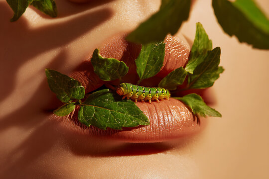 Surreal beauty composition featuring a caterpillar on lips surrounded by green leaves, creating a natural and artistic scene.