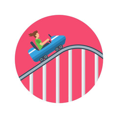 Vector art of person riding a roller coaster on a track with pink background