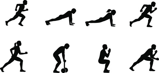 Fitness exercise silhouette set, running, push up, squat, workout, training, gym, strength, bodybuilding, athlete, sports, health, vector illustration