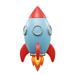 Isolated 3D blue rocket launching with red accents and fiery exhaust