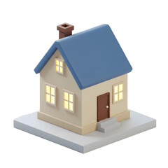 Cute 3D Isometric House with Blue Roof and Glowing Windows Isolated