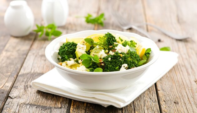 Fresh broccoli salad in white bowl on a wooden table - Powered by Adobe
