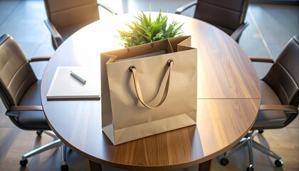 Modern Office Conference Room with Round Table, Chairs, and Gift Bag with Plant