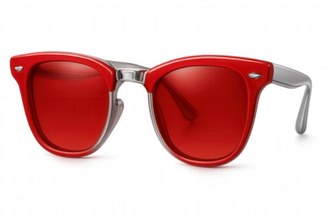 Sleek red sunglasses featuring silver metallic details, highlighting contemporary eyewear design against transparent backdrop