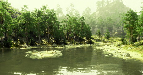 A peaceful riverside landscape reveals dense greenery and calm waters, illuminated by soft morning light. Distant mountains add to the serene atmosphere of this natural setting.