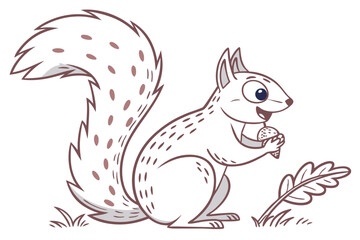 Cute Cartoon Squirrel Eating Nut on White Background