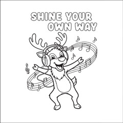 Fototapeta premium Cartoon reindeer wearing headphones dancing with musical notes animal