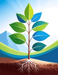 Growing plant, roots, leaves, mountain background