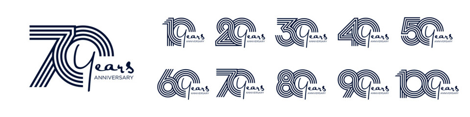 collection anniversary 10 to 100 year logo designs. abstract number for celebration event, wedding, greeting card, and invitation, vector illustration
