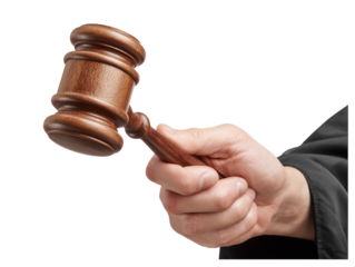 judge's hand holding a gavel to make a decision isolated on a white background