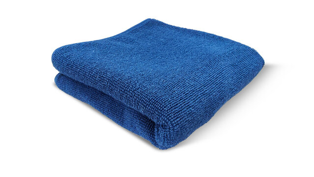 Folded dark blue microfiber towel isolated on white background