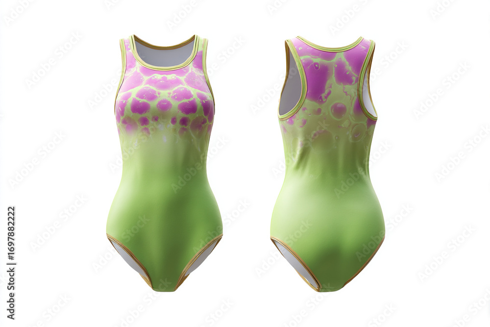 Poster stylish one-piece swimsuit in gradient green with bubble-like pink pattern, available in front and b