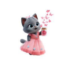 Adorable Kitten in Pink Dress Releasing Pink Heart Butterflies from a Jar