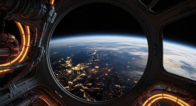 View of earth from a spaceship window at night - Powered by Adobe