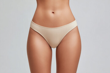 Close-up shot focusing on the midsection of a woman showcasing her toned abdomen, bikini bottom and waistline against a neutral background.