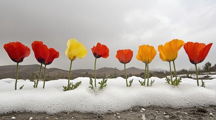 Vibrant Poppies Blooming in Snowy Landscape, Contrasting Colors, Nature's Beauty.