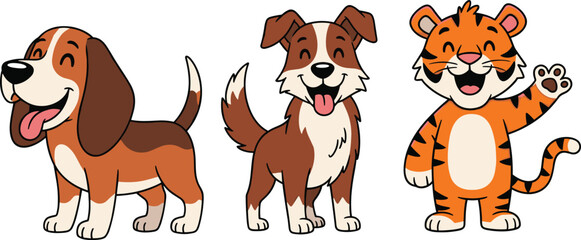 Two happy cartoon dogs and a waving tiger character standing together, cute animal friends vector illustration for kids and pets