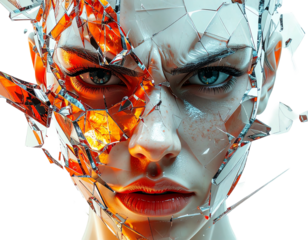 Intense and angry female face conceptualized as shattered glass, 3D hyper-realistic illustration.
