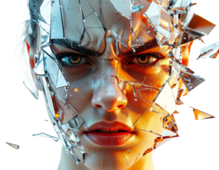 Futuristic 3D render of a female face made from broken glass, with intense, abstract lighting effects.