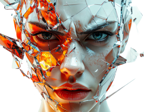 Intense and angry female face conceptualized as shattered glass, 3D hyper-realistic illustration.