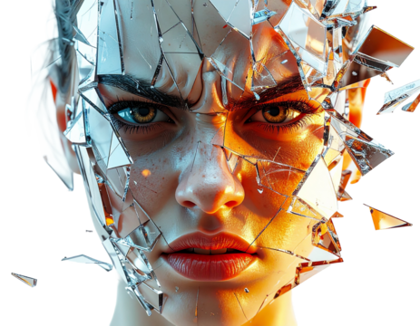 Futuristic 3D render of a female face made from broken glass, with intense, abstract lighting effects.