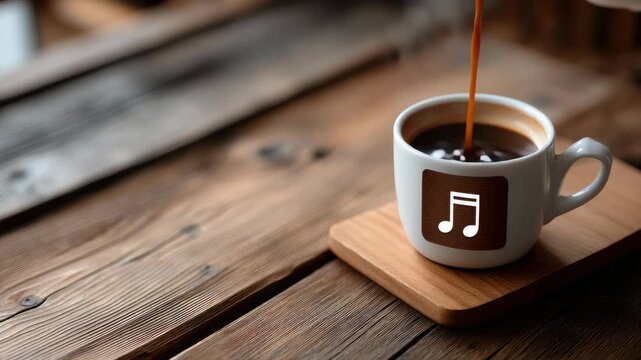 Enjoying fresh coffee poured into a musical cup on a rustic wooden table in a cozy cafe setting