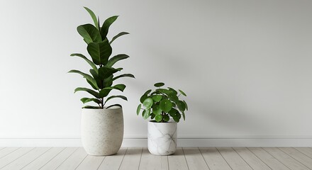 Indoor plants in decorative pots against a white wall background