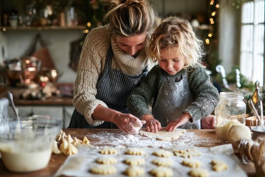 Mother and child baking christmas cookies together in cozy kitchen - Powered by Adobe