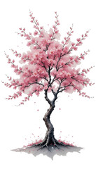 Fototapeta premium Pink cherry blossom branches with leaves and flowers reflect in the water during spring