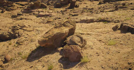 Obraz premium A rugged landscape features large boulders resting on sandy ground with sparse grass. Bright sunlight illuminates the dry terrain, highlighting the texture of the rocks.
