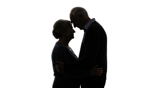 Silhouette of Elderly Couple Embracing, Isolated on White