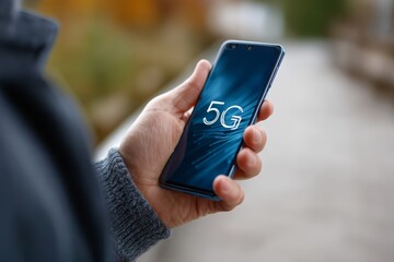 Close-up of a hand holding a modern smartphone with 5g symbol