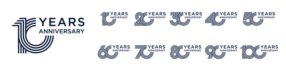 collection anniversary 10 to 100 year logo designs. abstract number for celebration event, wedding, greeting card, and invitation, vector illustration