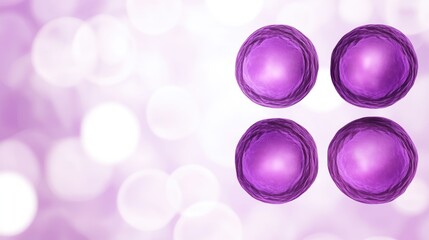 Four Purple Cells with Bokeh Background, Scientific Illustration, Medical Concept.