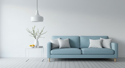 Minimalist Living Room Interior with Blue Sofa and White Accents Decor