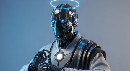AI Monk with Halo and Prayer Beads - Spiritual Robot Meditation