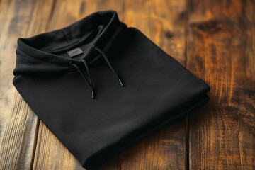 Folded black hoodie mockup on wooden table with label tag