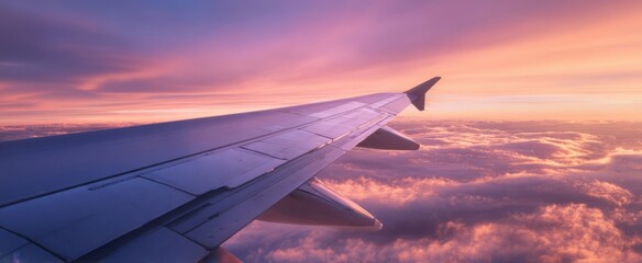 The airplane wing above a sea of clouds at colorful sunrise light