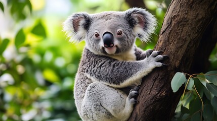 Fototapeta premium Photo Featuring a Koala Perched on a Tree Branch, Staring Directly at the Viewer: Gray Fur, Prominent Black Nose, Fluffy Large Ears, Sharp Claws Gripping Rough Bark, Soft Blur of Green Leaves in Backg