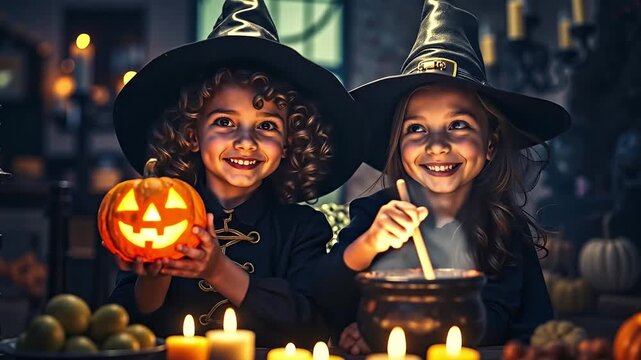 Two little girls in witches hats holding pumpkins and smiling at the camera