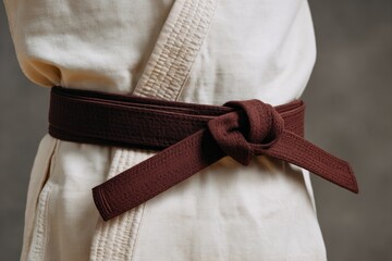 Brown belt tied securely around martial arts uniform showcasing