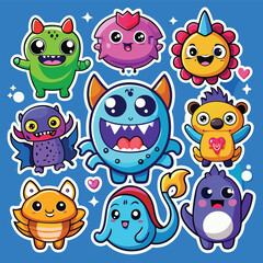 Fototapeta premium Adorable cartoon monsters and creatures set on blue background