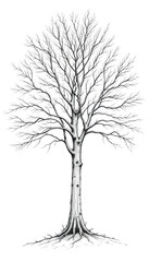 Fototapeta premium Single bare black winter tree silhouette isolated on white background, a vector illustration of a leafless plant with branches and trunk