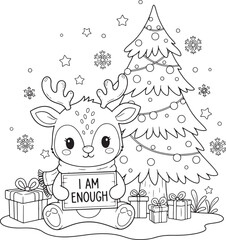 Cute reindeer with scarf and sign near Christmas tree and gifts present
