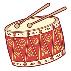 Red drum with mallets and decorative patterns percussion musical instrument