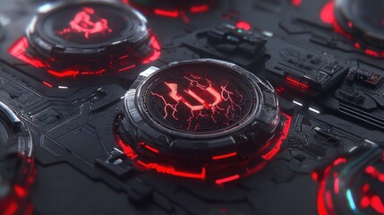 Futuristic Cyberpunk Tech: Glowing Red Circuitry and Metallic Components